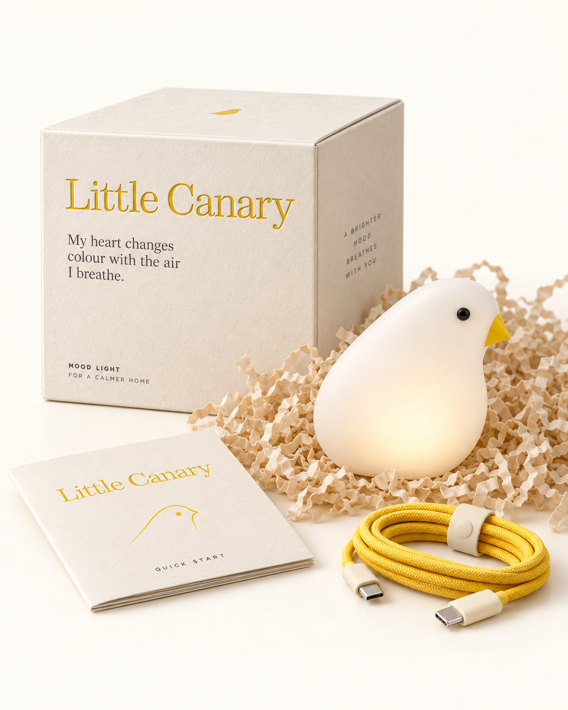 Little Canary product beside the box, quick start booklet and canary yellow cable